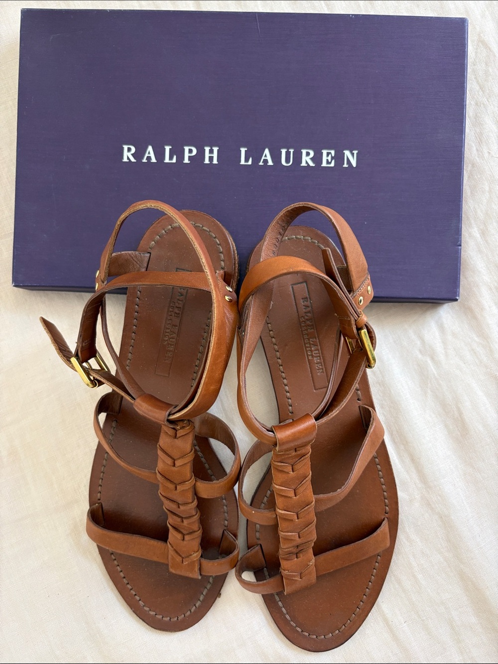 Ralph Lauren Collection Tan Braided Leather T-Strap Sandals